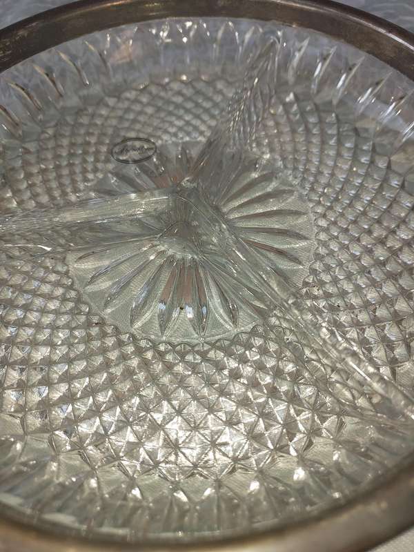 Glass Crystal Serving Bowl With Silver Plated Rim Round Divided 9 Heavy sold as is