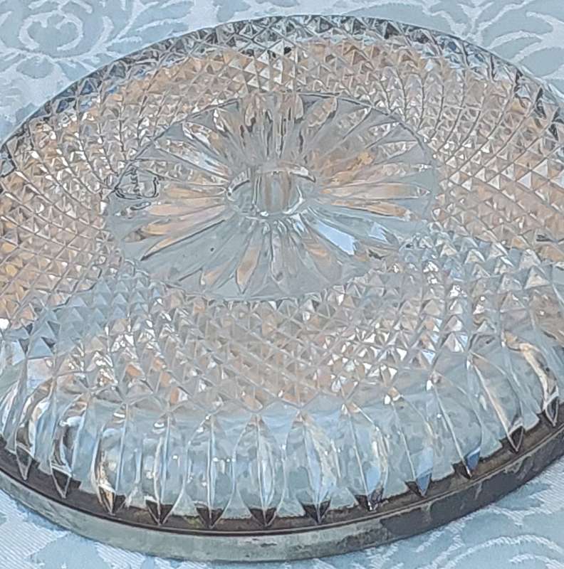 Glass Crystal Serving Bowl With Silver Plated Rim Round Divided 9 Heavy sold as is