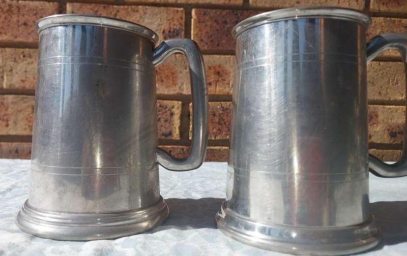 TWO VINTAGE PEWTER BEER MUGS SOLD AS IS
