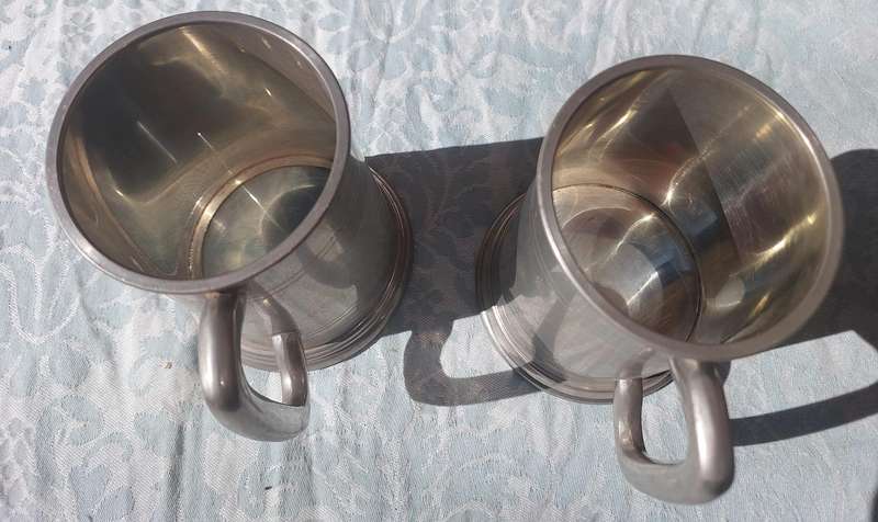 TWO VINTAGE PEWTER BEER MUGS SOLD AS IS