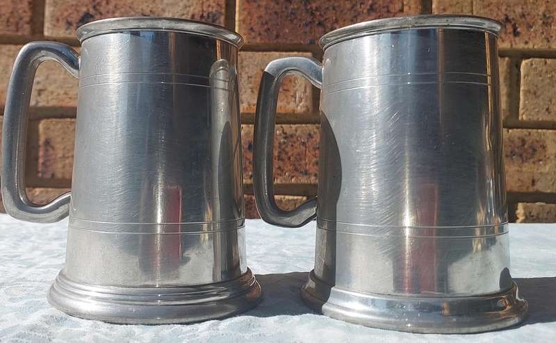 TWO VINTAGE PEWTER BEER MUGS SOLD AS IS