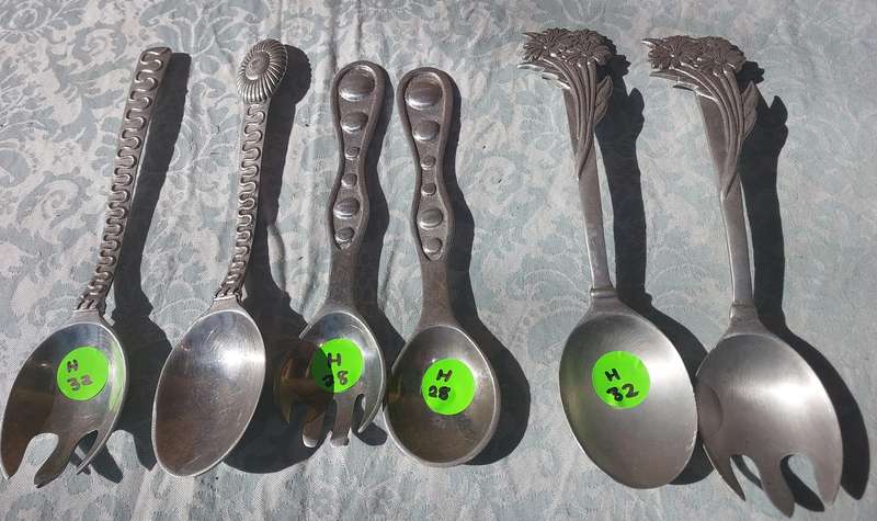THREE SETS OF ART DECOR  PEWTER SALAD LADLES SOLD AS IS