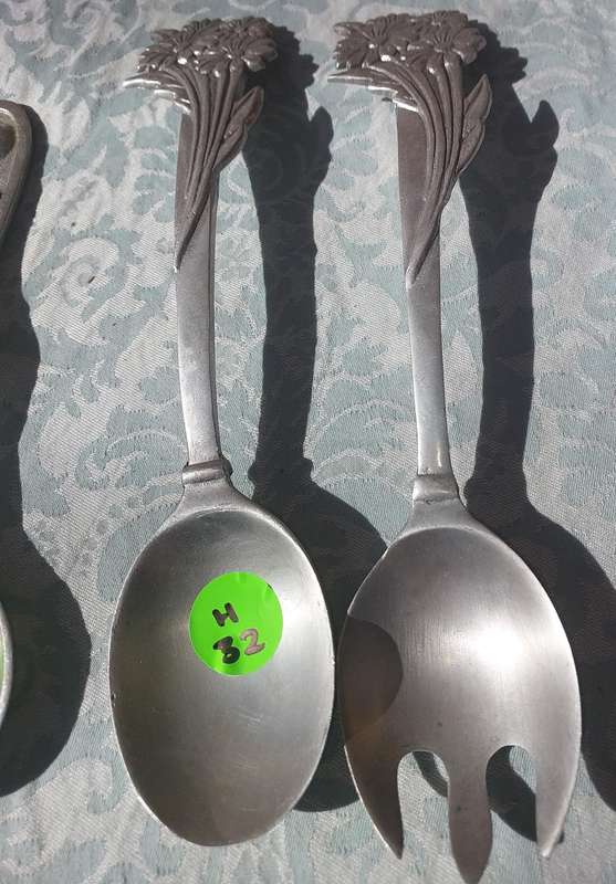 THREE SETS OF ART DECOR  PEWTER SALAD LADLES SOLD AS IS