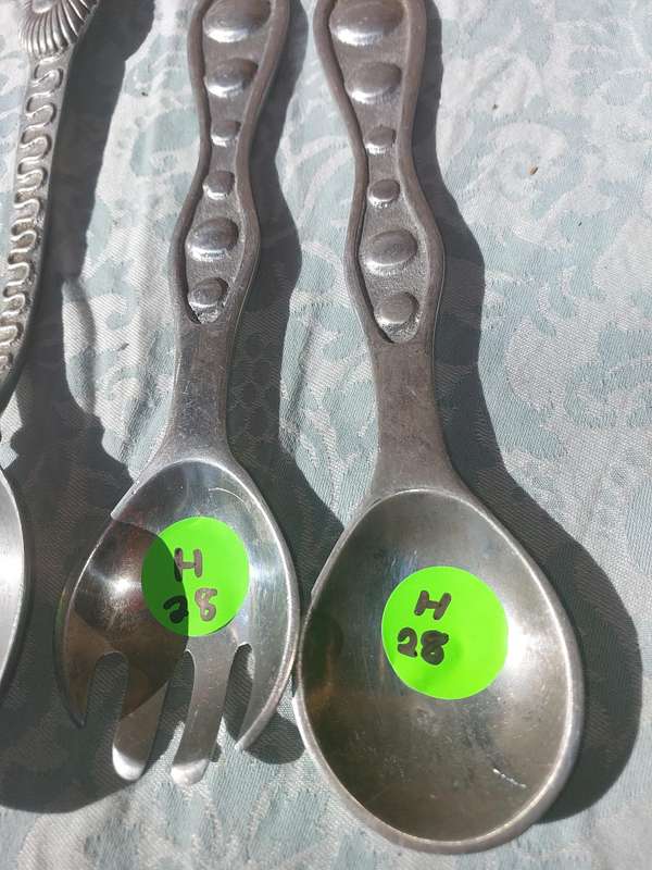 THREE SETS OF ART DECOR  PEWTER SALAD LADLES SOLD AS IS