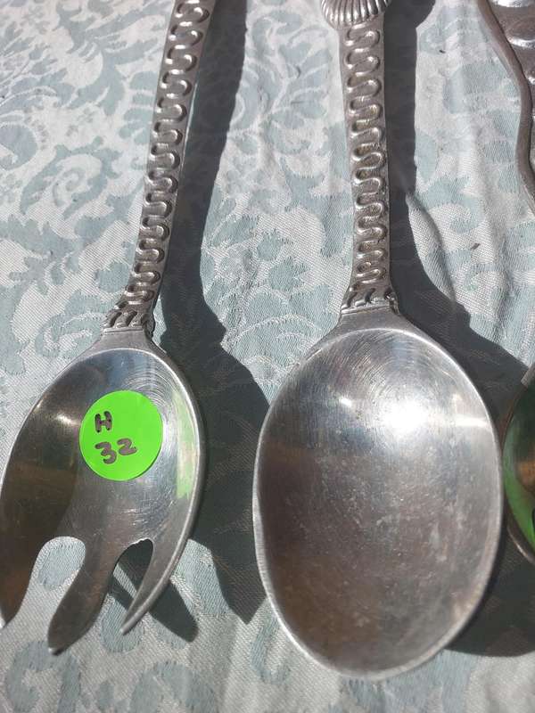 THREE SETS OF ART DECOR  PEWTER SALAD LADLES SOLD AS IS
