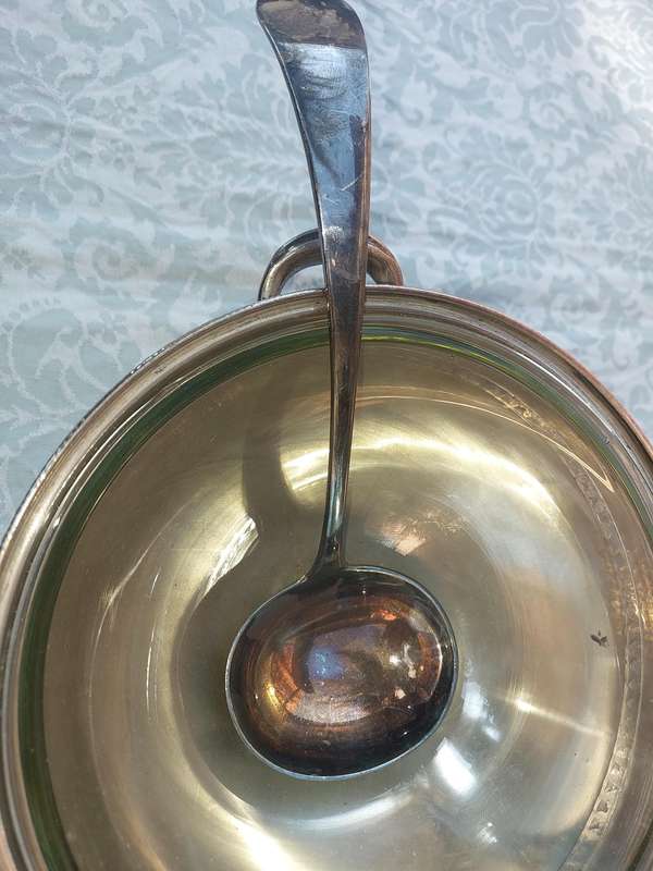 A VINTAGE TUREEN AND A GLASS INSERT BOWL WITH A LADEL SOLD AS IS