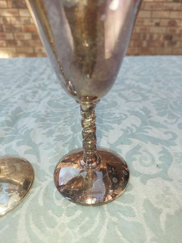 TWO VINTAGE SILVER PLATED WINE GOBLETS SOLD S IS
