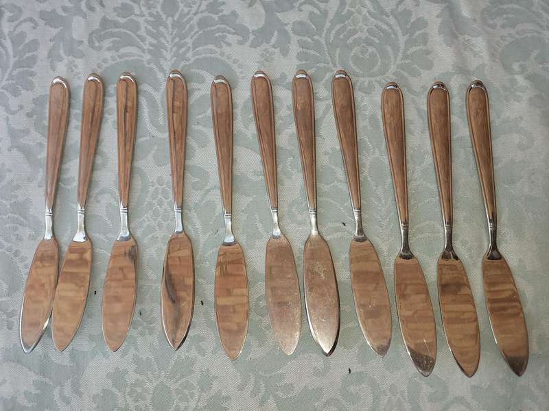 A VINTAGE SET OF FLORENCE 18 10 FISH KNIVES SOLD AS IS