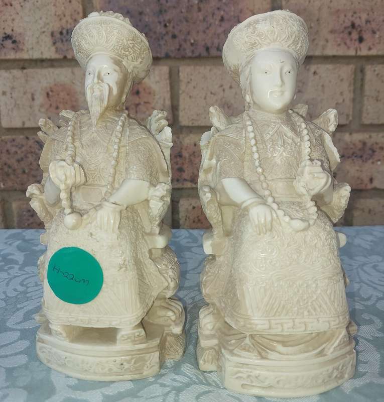 Pair of Chinese Ancestor Emperor Figures King Queen on Thrones - 1960's - vintage carved white resin