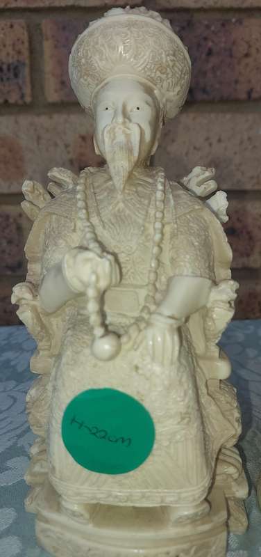Pair of Chinese Ancestor Emperor Figures King Queen on Thrones - 1960's - vintage carved white resin