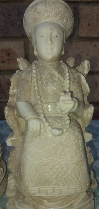Pair of Chinese Ancestor Emperor Figures King Queen on Thrones - 1960's - vintage carved white resin