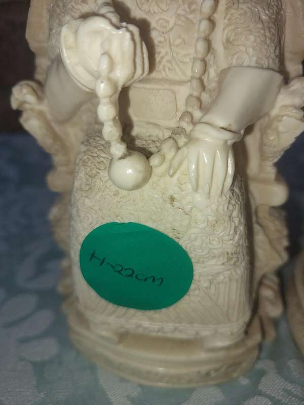 Pair of Chinese Ancestor Emperor Figures King Queen on Thrones - 1960's - vintage carved white resin