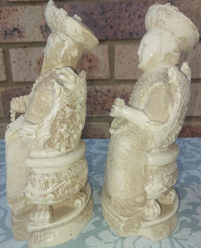 Pair of Chinese Ancestor Emperor Figures King Queen on Thrones - 1960's - vintage carved white resin