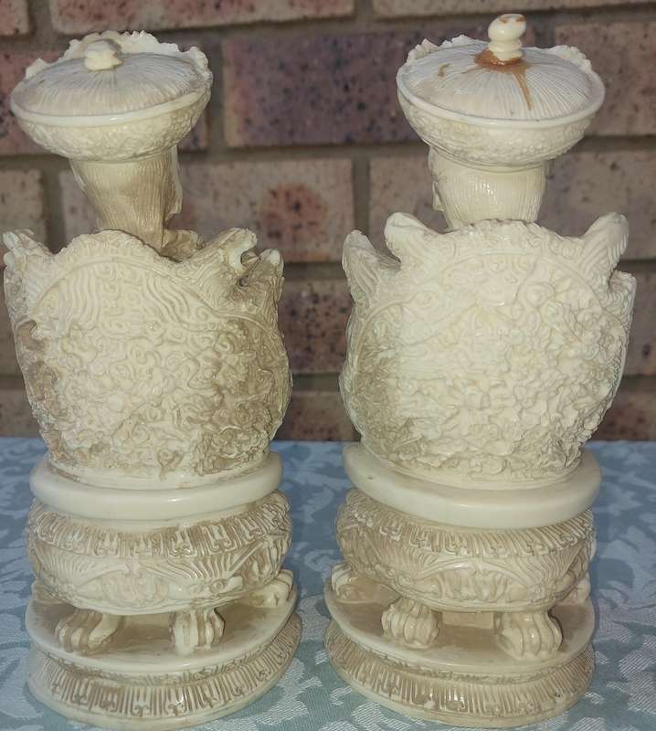 Pair of Chinese Ancestor Emperor Figures King Queen on Thrones - 1960's - vintage carved white resin