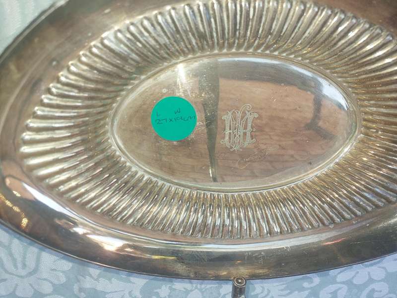 A vintage silver plated bon bon serving tray  with a handle sold as is