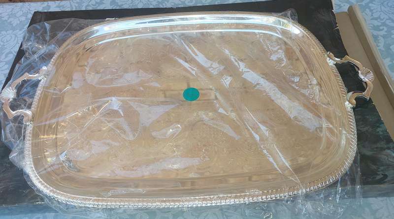 A VIRTUALLY BRAND NEW CAVALIER RANGE SILVER PLATED SERVING TRAY SOLD AS IS