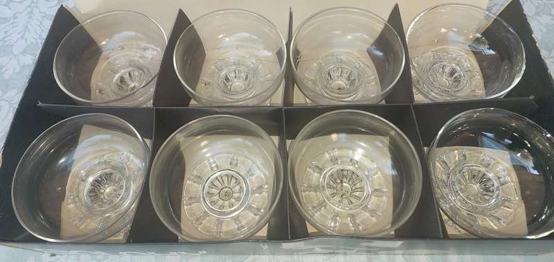 A GALAXY SEAFOOD OR DESERT GLASS SET WITH FORKS SOLD AS IS