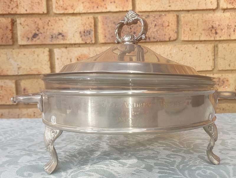 A VINTAGE SILVER PLATED SERVING TUREEN TROPHY SOLD AS IS