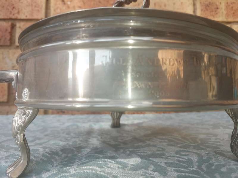 A VINTAGE SILVER PLATED SERVING TUREEN TROPHY SOLD AS IS