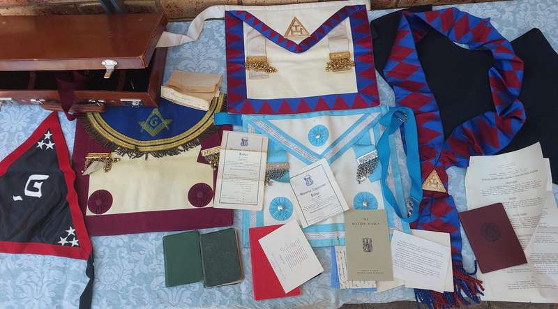A COLLECTION OF MAISONIC RAGALIA AND BOOKS ,THE LODGE, SOLD AS IS