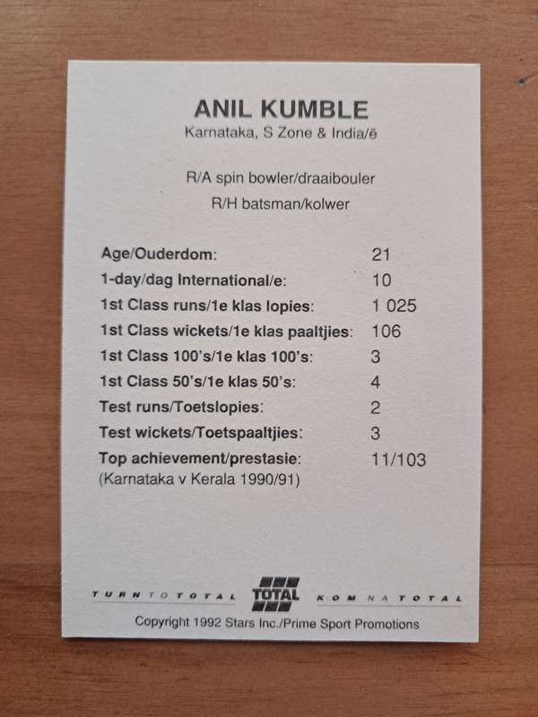 1992 Total Trading Card: South Africa v India - Anil Kumble