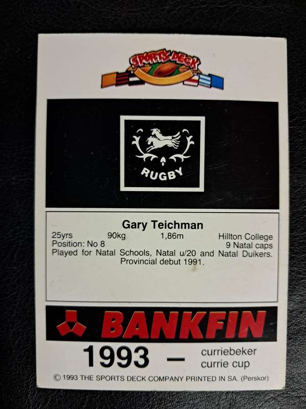 Sports Deck 1993 Currie Cup Collectors Cards: No 73 - Gary Teichman (Natal)
