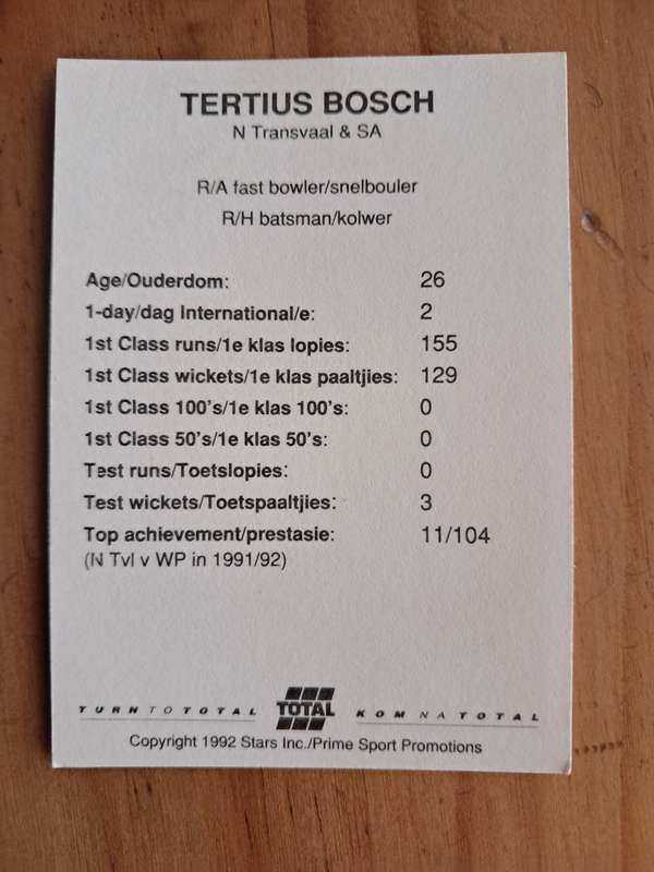 1992 Total Trading Card: South Africa v India - Tertius Bosch