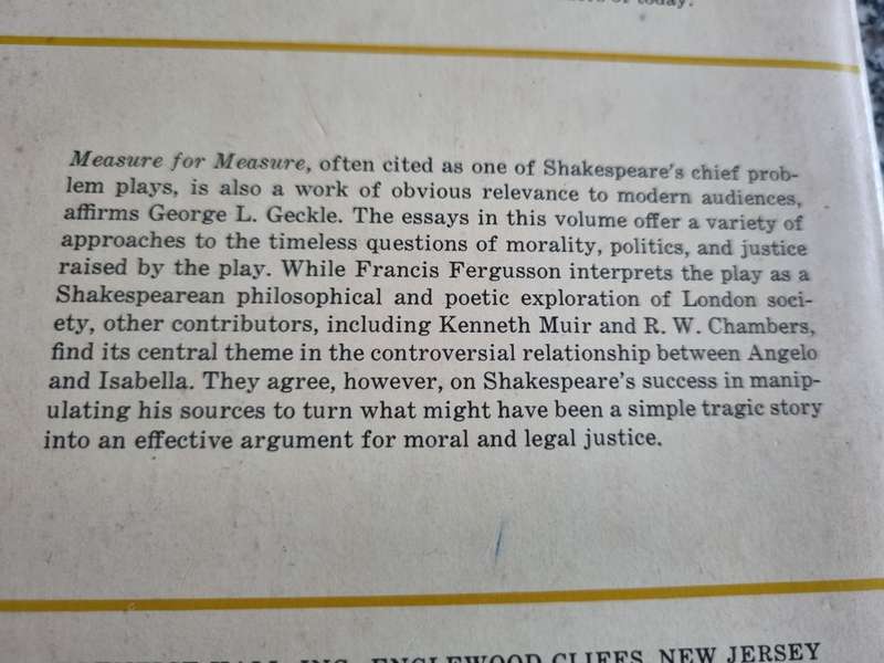 TWENTIETH CENTURY INTERPRETATIONS OF MEASURE FOR MEASURE Ed. GEORGE L GECKLE
