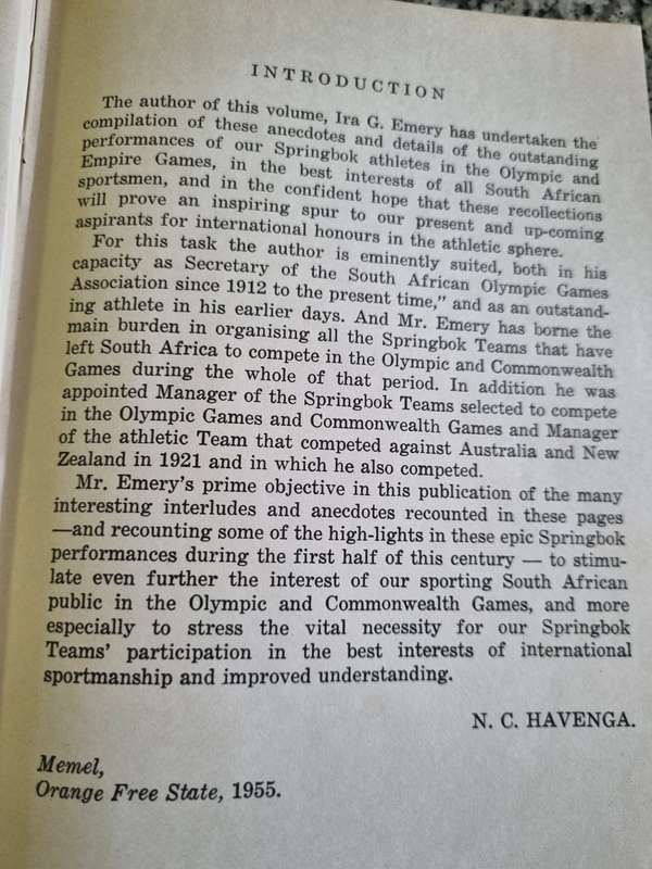 SPRINGBOKS OF THE OLYMPIAD IRA G EMERY ( Springbok Athletes at the Olympic Games - published 1956 )