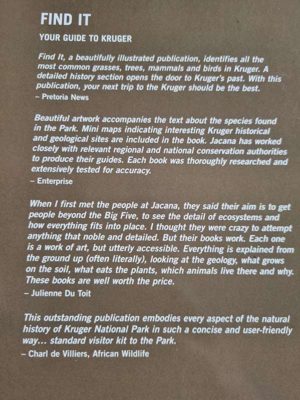 FIND IT YOUR GUIDE TO KRUGER Jacana Find It Series incl Historical Sites Kruger National Park KNP