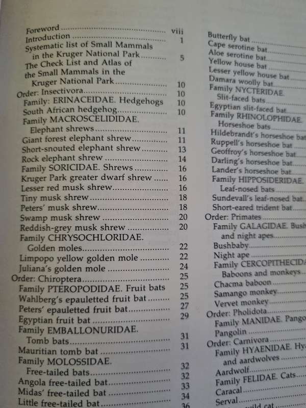THE SMALL MAMMALS OF THE KRUGER NATIONAL PARK Check List & Atlas U DE V PIENAAR et al