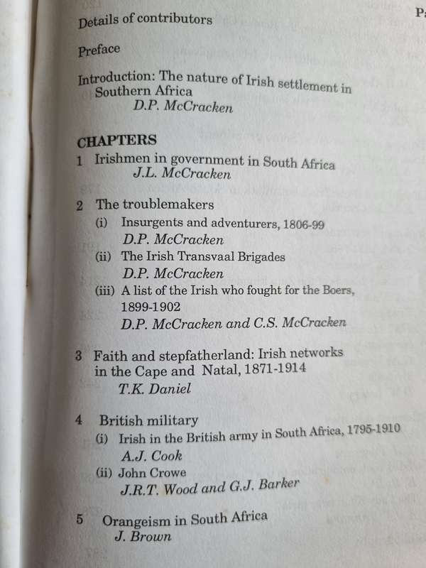 THE IRISH IN SOUTHERN AFRICA 1795 - 1910 SOUTHERN AFRICAN - IRISH STUDIES Ed. DONALD P McCRACKEN