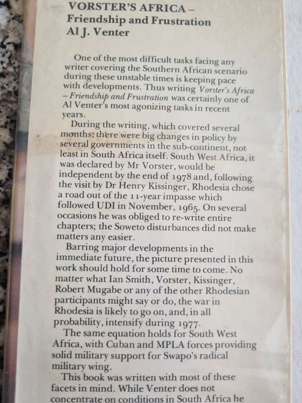 VORSTER'S AFRICA FRIENDSHIP and FRUSTRATION AL J VENTER