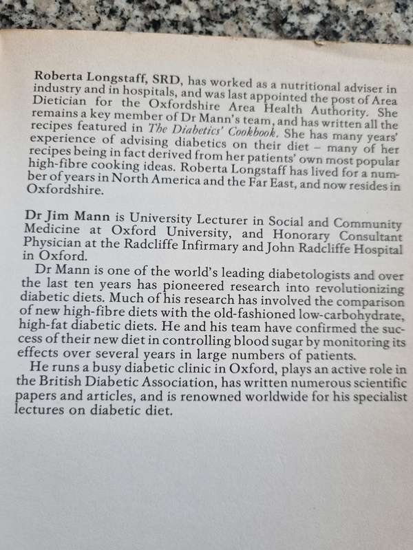 THE DIABETICS COOKBOOK ROBERTA LONGSTAFF Dr JIM MANN Positive Health Guide 180 dishes high fibre