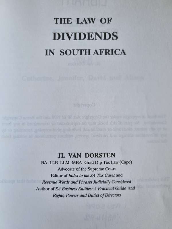 THE LAW OF DIVIDENDS IN SOUTH AFRICA J L VAN DORSTEN