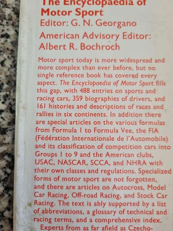 The ENCYCLOPAEDIA OF MOTOR SPORT Ed. G N GEORGANO Fwd. Stirling Moss