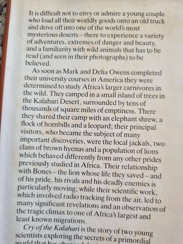 CRY OF THE KALAHARI MARK and DELIA OWENS ( wildlife conservation in the desert environment hardcover