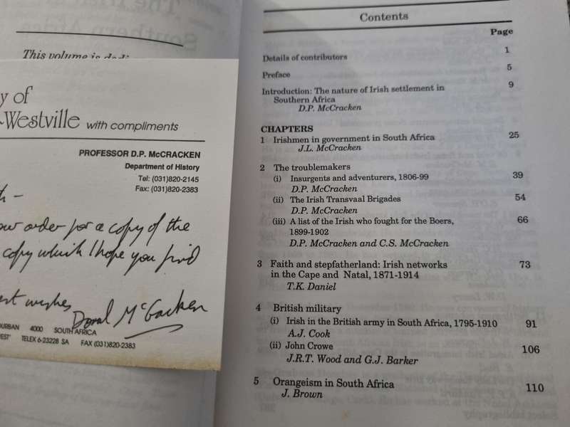 THE IRISH IN SOUTHERN AFRICA 1795 - 1910 SOUTHERN AFRICAN - IRISH STUDIES Ed. DONAL P McCRACKEN