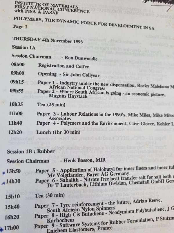FIRST NATIONAL CONFERENCE of the S A Section of the Institute of Materials POLYMER Division 1993