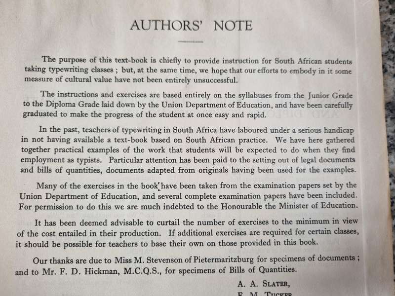 The South African TYPEWRITING MANUAL A A SLATER E M TUCKER & R GUNN Second Edition Circa 1949