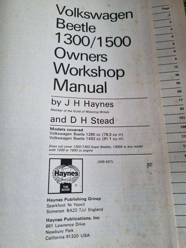 VW Beetle 1300 & 1500 1965 to 1975 1285cc to 1493 cc HAYNES 039 Owners Workshop Manual