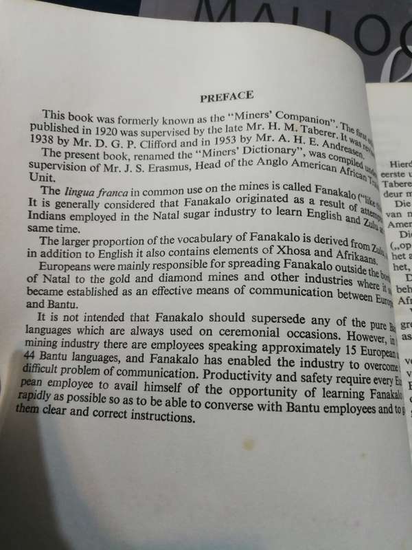 FANAKALO MINERS DICTIONARY MYNERSWOORDEBOEK Chamber of Mines Services English Afrikaans Fanakalo