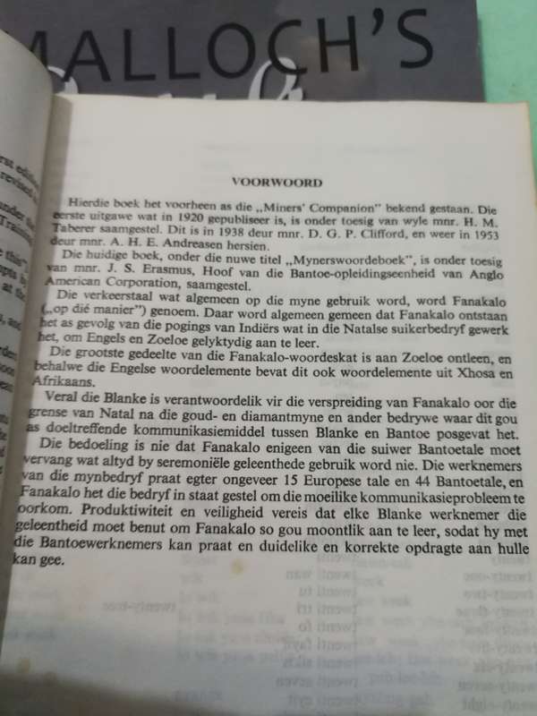 FANAKALO MINERS DICTIONARY MYNERSWOORDEBOEK Chamber of Mines Services English Afrikaans Fanakalo