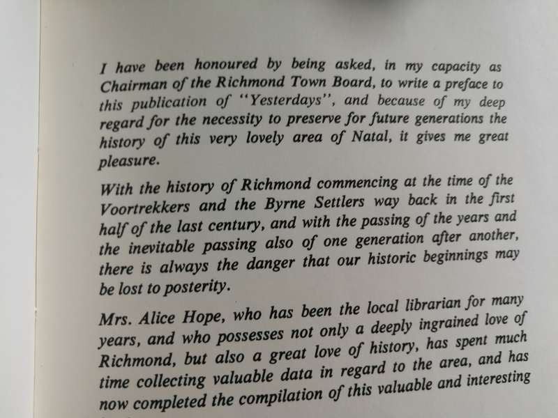 YESTERDAYS THE STORY OF RICHMOND ALICE HOPE 1969 ( KwaZulu Natal history Voortrekkers Byrne Settlers