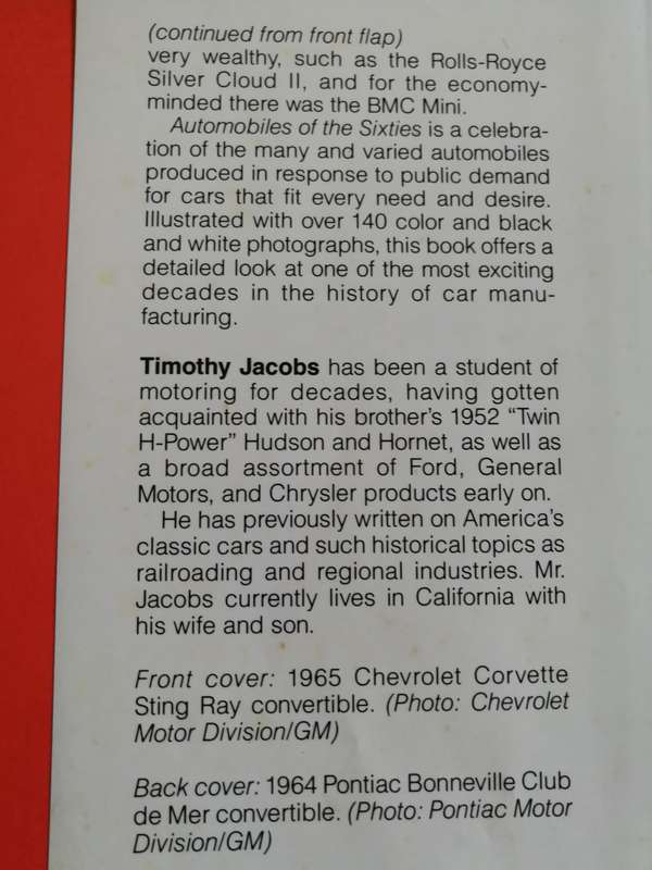 AUTOMOBILES OF THE SIXTIES TIMOTHY JACOBS  ( MOTOR CARS  MOTORCARS )