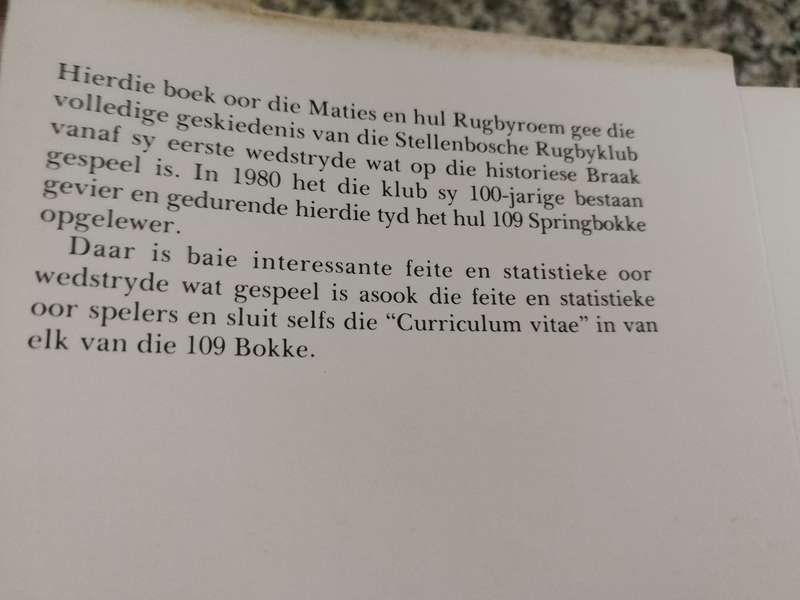 DIE GROOT RUGBYGESIN VAN DIE MATIES deur Dr D H CRAVEN  1980 Stellenbosch Rugbyvoetbalklub RUGBY