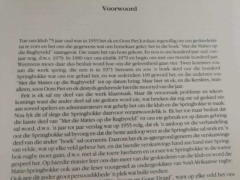 DIE GROOT RUGBYGESIN VAN DIE MATIES deur Dr D H CRAVEN  1980 Stellenbosch Rugbyvoetbalklub RUGBY