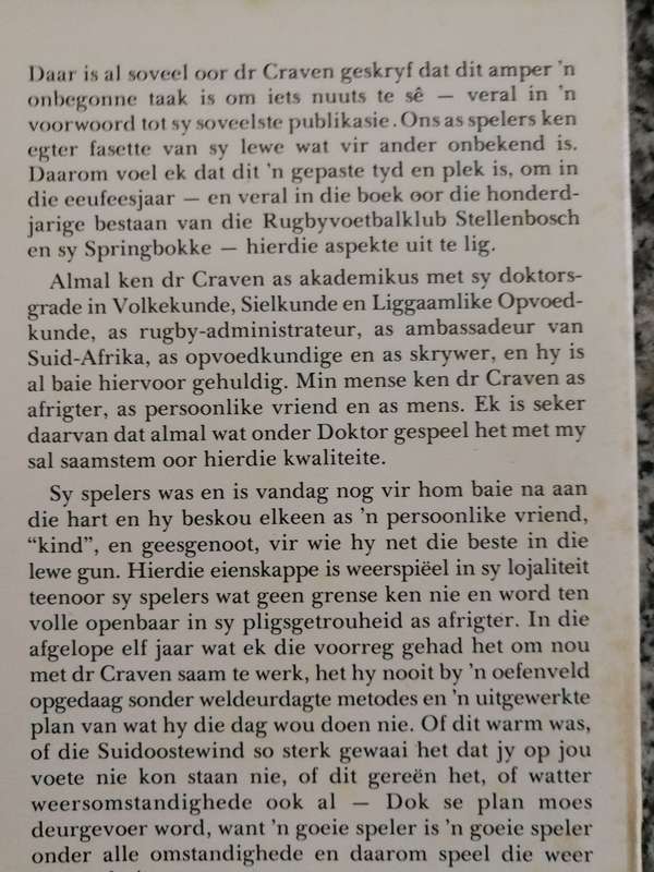 DIE GROOT RUGBYGESIN VAN DIE MATIES deur Dr D H CRAVEN  1980 Stellenbosch Rugbyvoetbalklub RUGBY