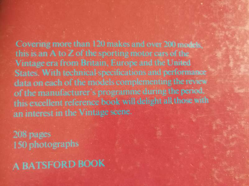 The Batsford Guide to VINTAGE SPORTS and RACING CARS up to 1930 ANTHONY HARDING  1978