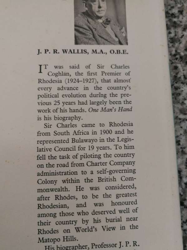 ONE MAN'S HAND J P R WALLIS  Rhodesia Reprint Library Volume 22